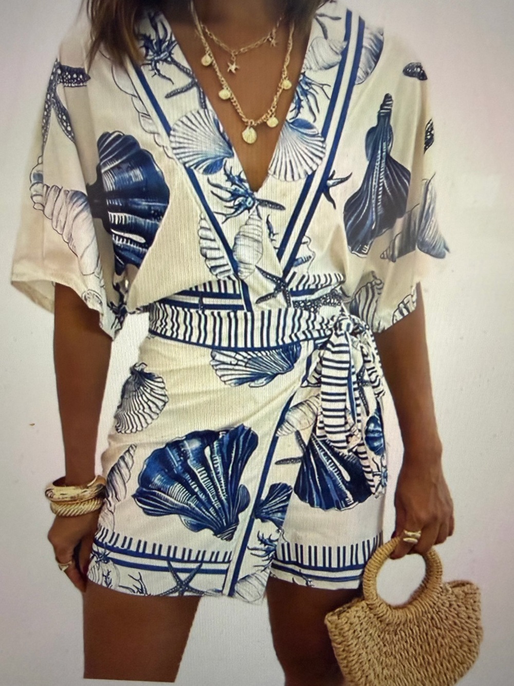 Women’s Blue Shell-Print Wrap Romper- NWOT- Size XL